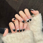Medium Almond Press-On Nails – Black Polka Dot French Tips, Rhinestones, Beads & Pink Bow, Handmade, Reusable