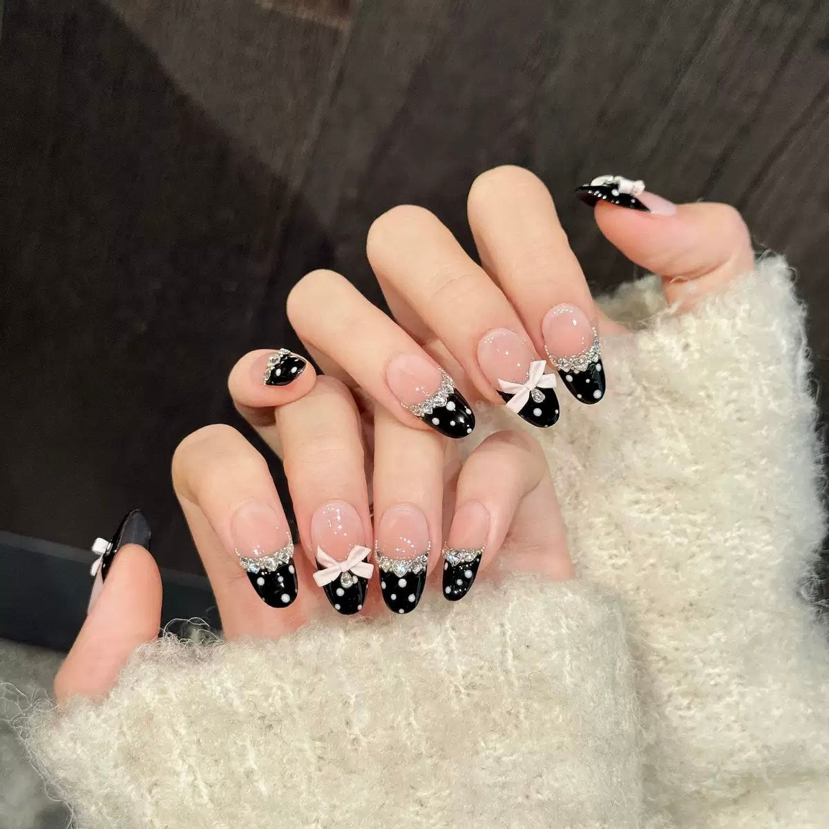 Medium Almond Press-On Nails – Black Polka Dot French Tips, Rhinestones, Beads & Pink Bow, Handmade, Reusable