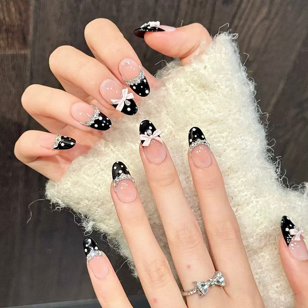 Medium Almond Press-On Nails – Black Polka Dot French Tips, Rhinestones, Beads & Pink Bow, Handmade, Reusable