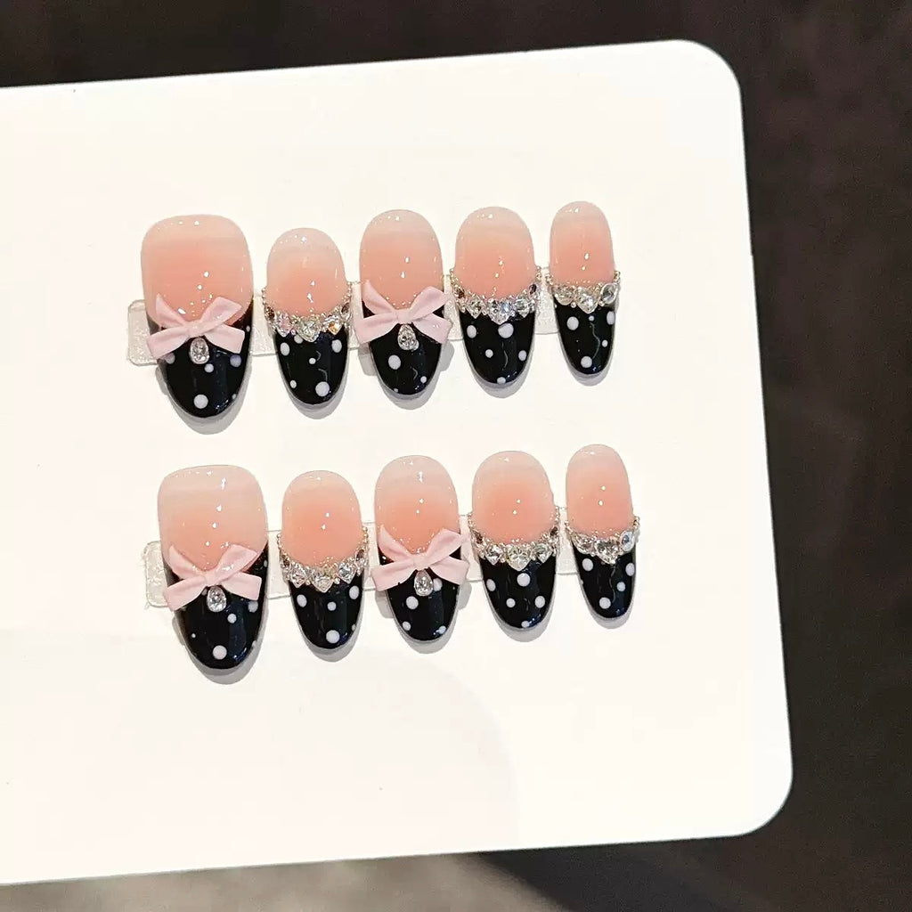 Medium Almond Press-On Nails – Black Polka Dot French Tips, Rhinestones, Beads & Pink Bow, Handmade, Reusable
