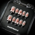 Medium Almond Press-On Nails – Black Polka Dot French Tips, Rhinestones, Beads & Pink Bow, Handmade, Reusable