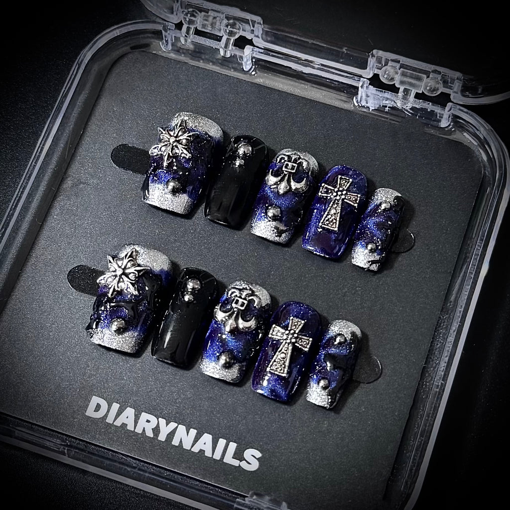 Medium Square Press-On Nails – Silver & Deep Blue Gel, Metal Cross & Star Charm, Gothic Style, Handmade, Reusable