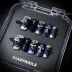 Medium Square Press-On Nails – Silver & Deep Blue Gel, Metal Cross & Star Charm, Gothic Style, Handmade, Reusable