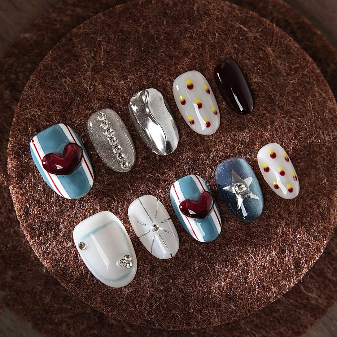 Medium Almond Press-On Nails – Blue & Silver Gel, Red & White Stripes, Star Design, 3D Heart, Handmade, Reusable