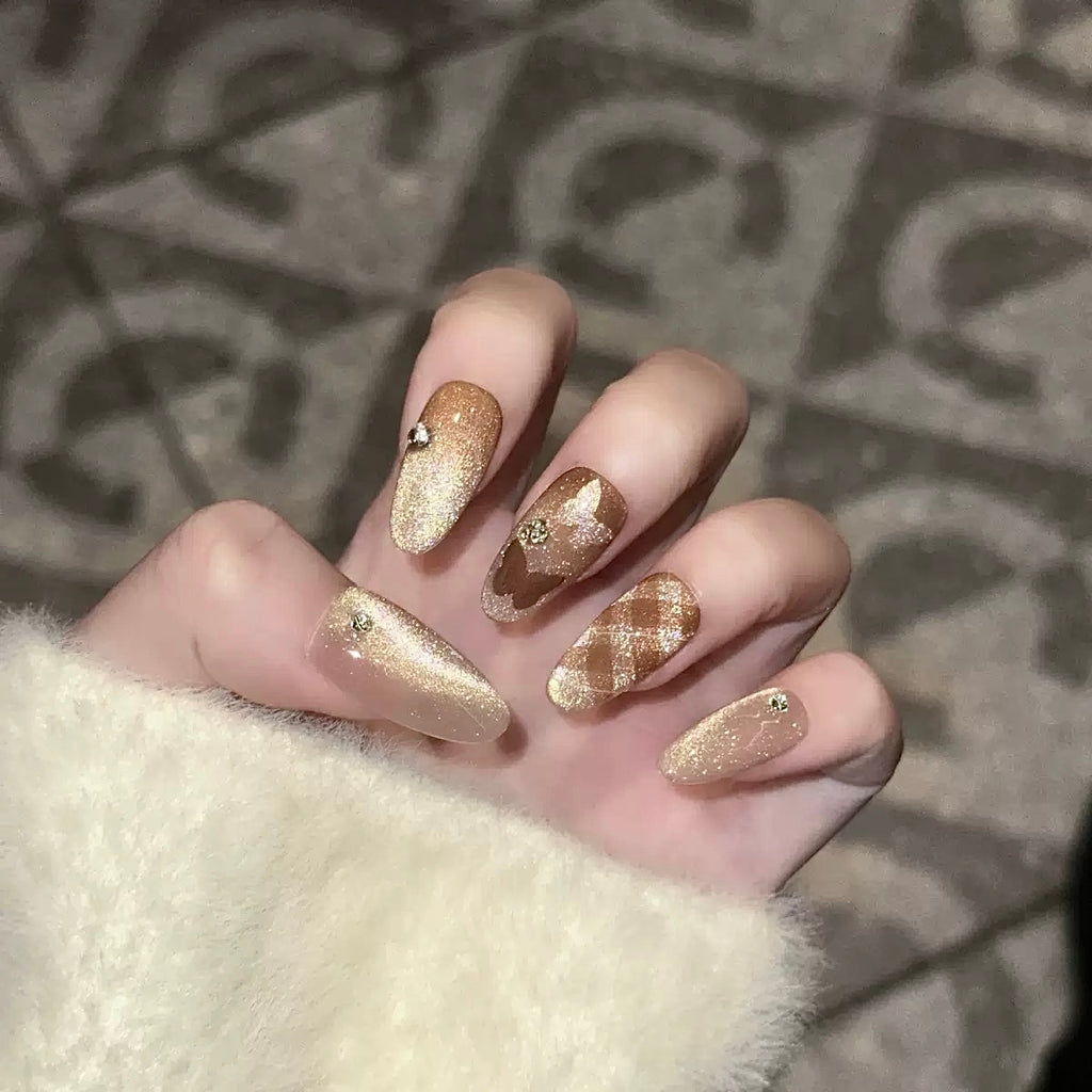 Medium Almond Press-On Nails – Amber Cat Eye Gel, Brown Plaid & Butterfly Design, Handmade, Reusable
