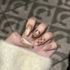 Medium Almond Press-On Nails – Amber Cat Eye Gel, Brown Plaid & Butterfly Design, Handmade, Reusable