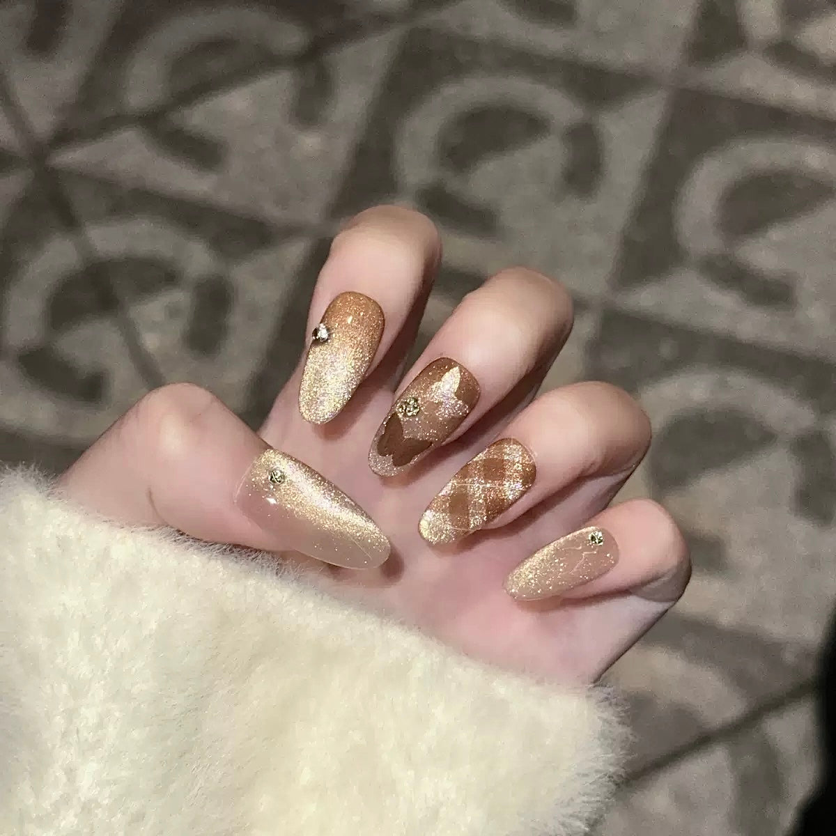 Medium Almond Press-On Nails – Amber Cat Eye Gel, Brown Plaid & Butterfly Design, Handmade, Reusable