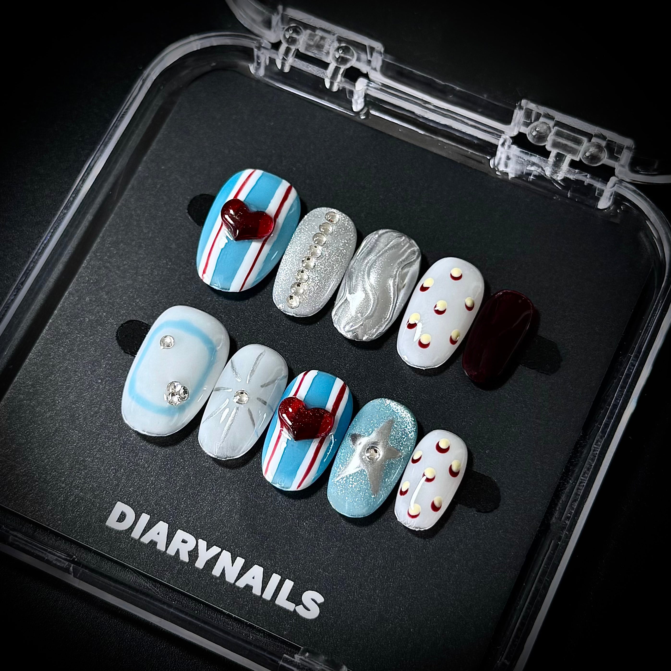 Medium Almond Press-On Nails – Blue & Silver Gel, Red & White Stripes, Star Design, 3D Heart, Handmade, Reusable