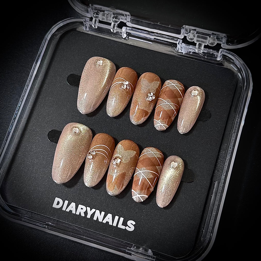 Medium Almond Press-On Nails – Amber Cat Eye Gel, Brown Plaid & Butterfly Design, Handmade, Reusable