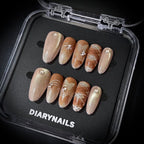 Medium Almond Press-On Nails – Amber Cat Eye Gel, Brown Plaid & Butterfly Design, Handmade, Reusable