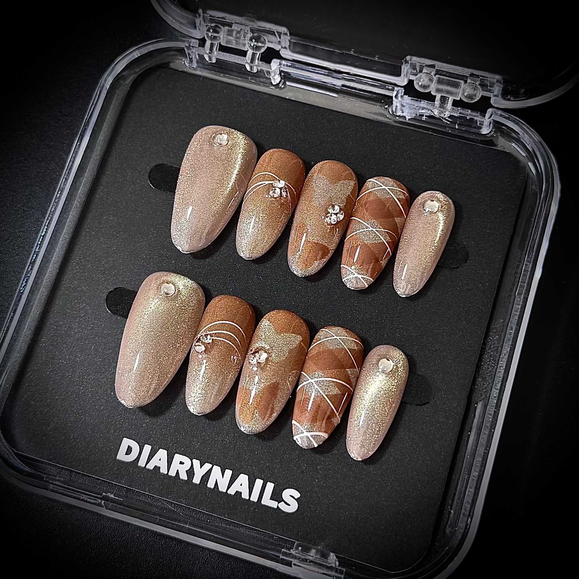 Medium Almond Press-On Nails – Amber Cat Eye Gel, Brown Plaid & Butterfly Design, Handmade, Reusable