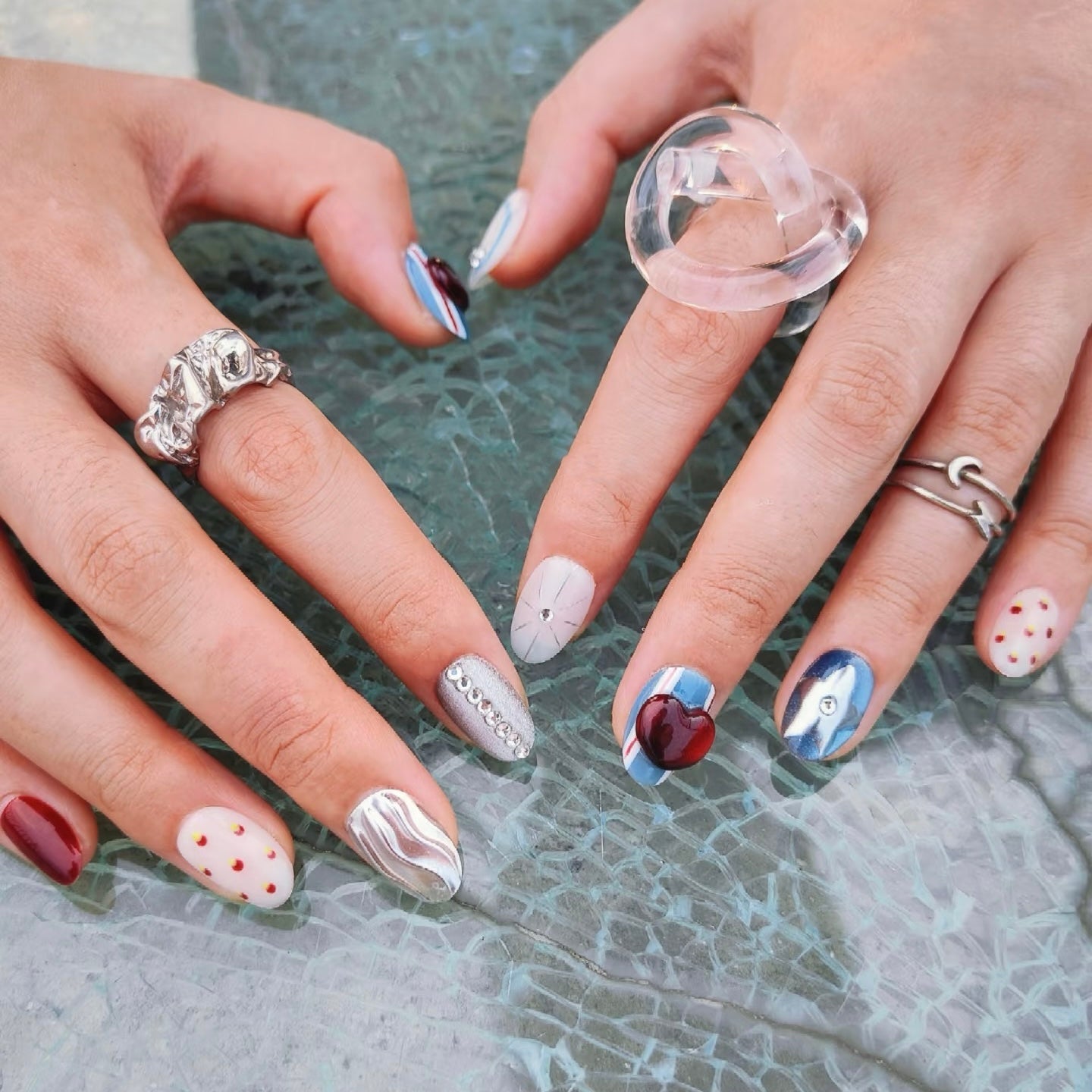 Medium Almond Press-On Nails – Blue & Silver Gel, Red & White Stripes, Star Design, 3D Heart, Handmade, Reusable