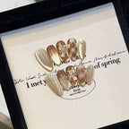 Medium Almond Press-On Nails – Amber Cat Eye Gel, Brown Plaid & Butterfly Design, Handmade, Reusable