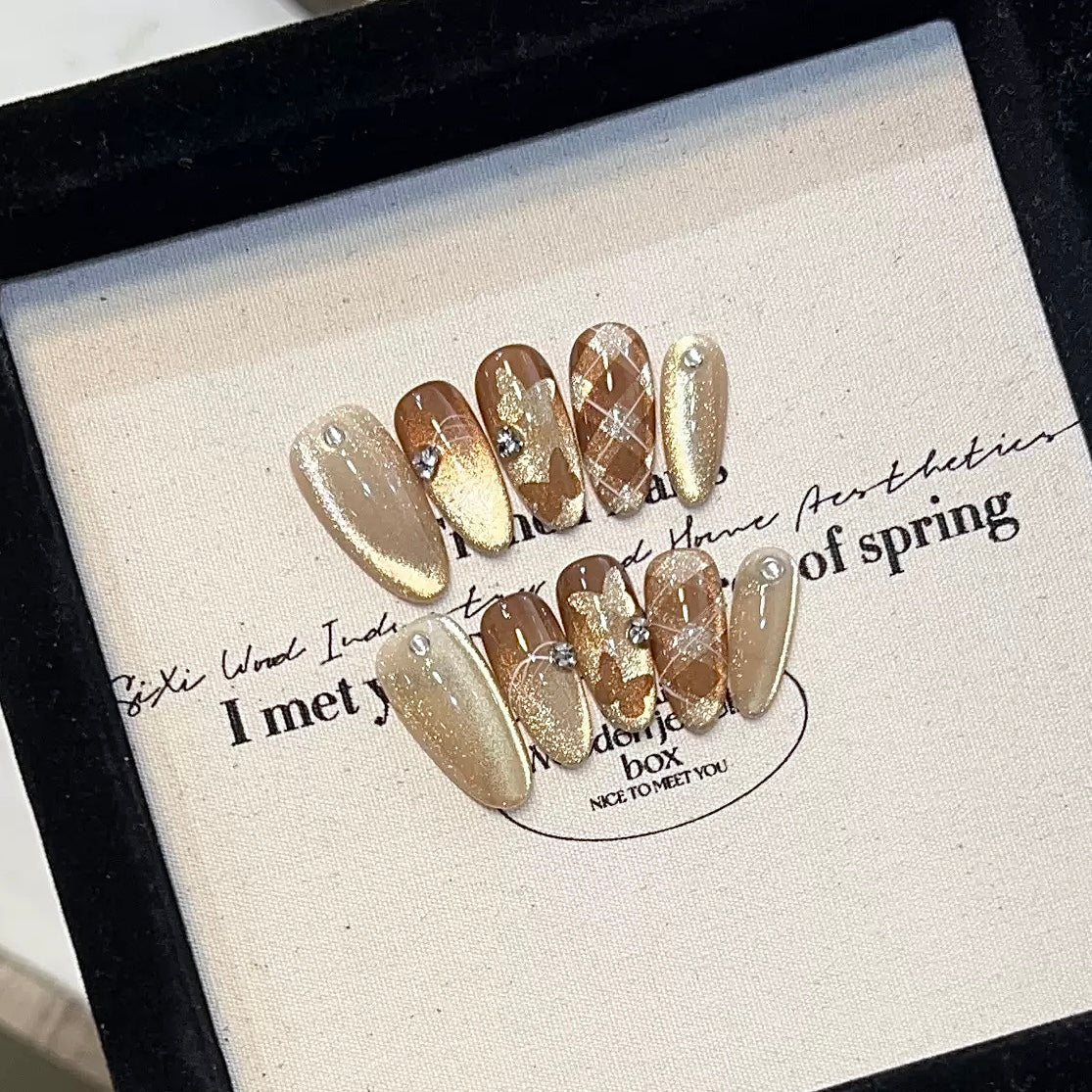 Medium Almond Press-On Nails – Amber Cat Eye Gel, Brown Plaid & Butterfly Design, Handmade, Reusable