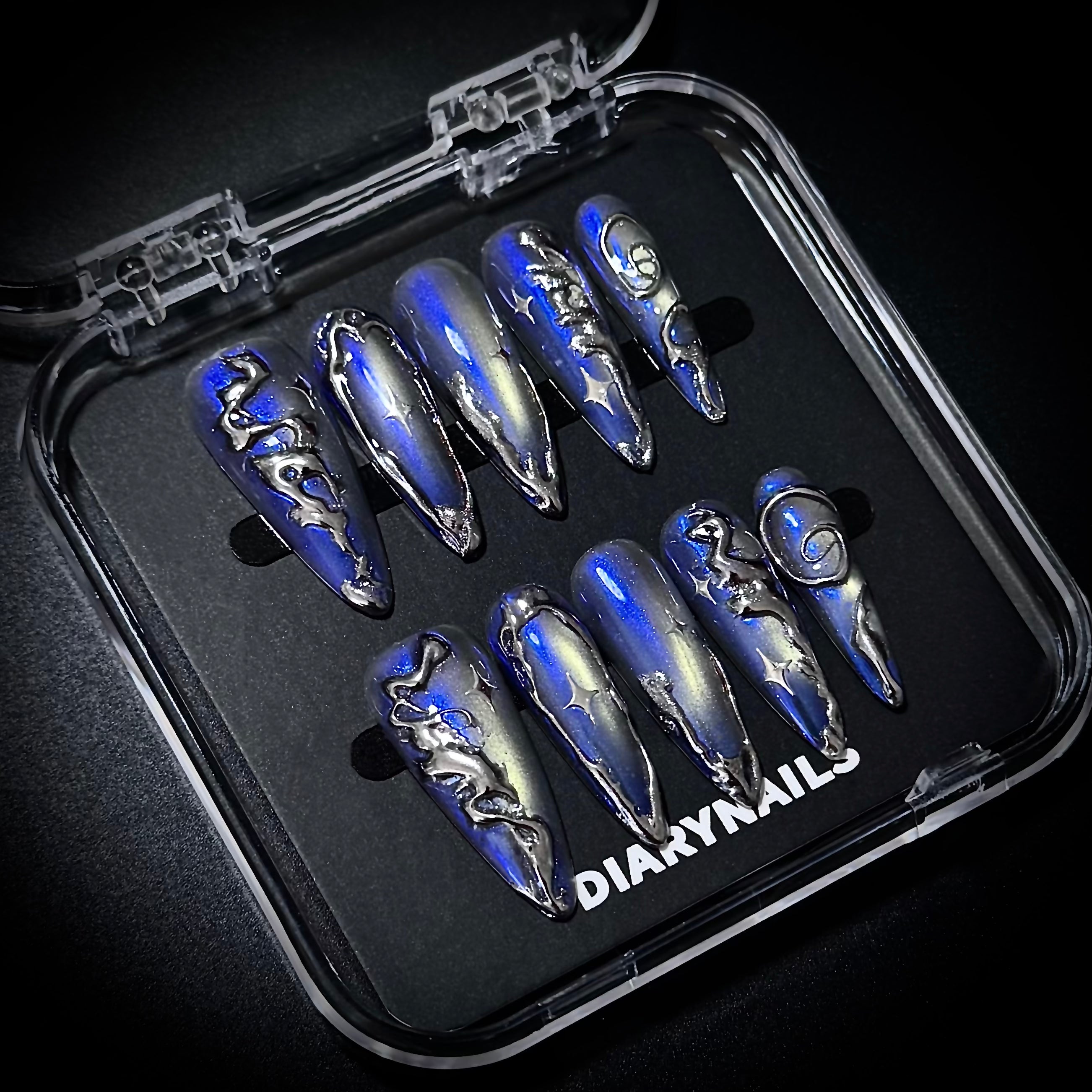 Long Almond Press-On Nails – Purple Ombre Cat Eye Gel, Chrome Powder, Silver 3D Metallic Lines & Stars, Handmade, Reusable